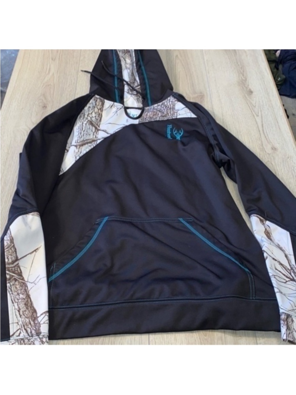 Black Hoodie with Camouflage Accents and Teal Stitching